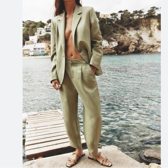 Zara Linen Blend Pleated Pants ankle Trouser green Womens medium - Picture 1 of 11